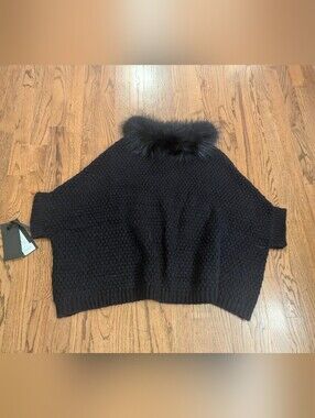New With Tags For Collar Linda Richards Luxury Poncho Sweater Navy Blue Wool